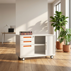 Small Modern Steel and Glass Iron Storage <b>Cabinet</b> with Lock, Low File and Drawer, for Office Home <b>Desk</b> Bedside Gym - Product Image 2