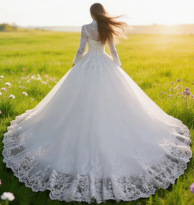 Elegante <span class=keywords><strong>Abito</strong></span> da Sposa Musulmano <span class=keywords><strong>in</strong></span> <span class=keywords><strong>Tulle</strong></span> con Maniche Lunghe, Applicazioni e Perline, Strascico a Cappella - Product Image 4