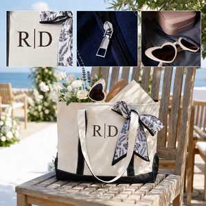 Personalized Canvas Shopper <b>Bag</b> with Embroidered Name or <b>Initials</b>, Inner Pocket, Bridesmaid Wedding Birthday <b>Beach</b> Commuter Gift - Product Image 6