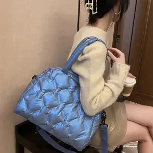 Hot Sale Fashion Light Weight Leather Puffy Square Embroidery Oxford cloth Tote Bag For Women Casual Puffer Handbags