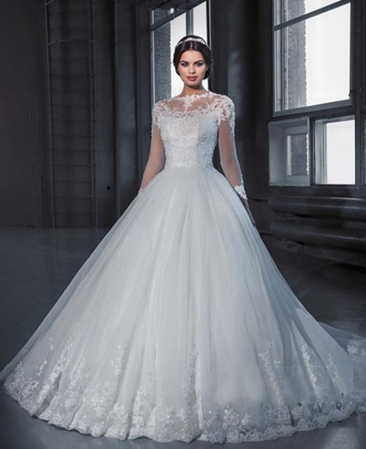 long sleeve ivory wedding dress 2025 Ivory Lace Tulle Wedding Dress with Sheer Long Sleeve & High Neck