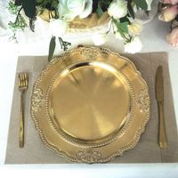 Assiettes de présentation en plastique à bord festonné gaufré or 33 cm pour la décoration de table de mariage, du Nouvel An chinois et des fêtes de Noël