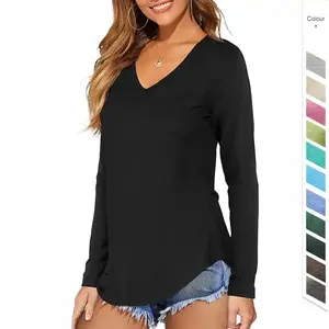 Custom autumn 100% cotton long sleeve T-shirt V-neck curved bottom tunic blouse women's T-shirt