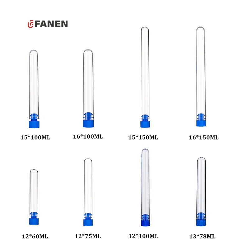 마개이있는 Fanen 16*150mm 일회용 투명 플라스틱 투명 테스트 튜브