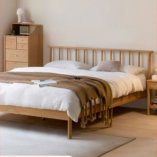 Nordic Style Log Bedroom Furniture Simple Oak Solid Wood Platform Bed Frame Wooden Bed Queen Size