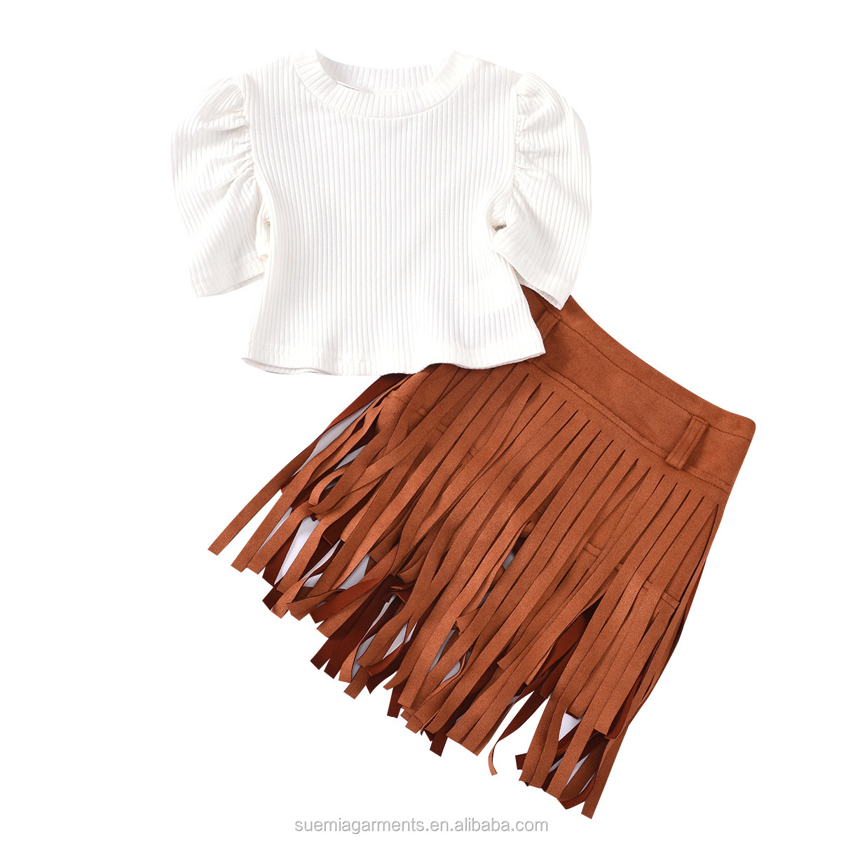 Детский трикотажный топ с пышными рукавами, трапециевидная юбка с бахромой, комплект из 2 предметов, одежда для девочек, 2021