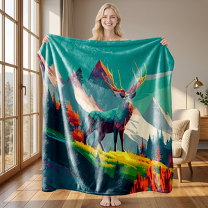 Plaid rectangulaire en flanelle imprimé cerf et montagne, anti-boulochage, style pastoral automnal, pour la décoration intérieure - Product Image 1