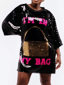I'M in MY BAG da <span class=keywords><strong>donna</strong></span> girocollo maniche 3/4 ampio abito Casual Patchwork di paillettes oversize in Jersey abito Streetwear - Product Image 3