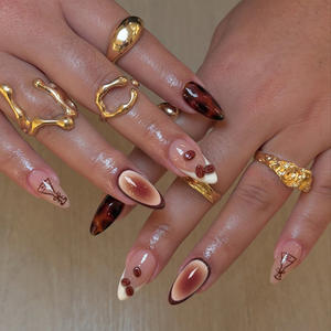 Lot de 24 faux ongles à presser en ABS, style INS, couleur café ombré brun foncé 3D, pour femmes - Product Image 1