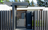 Modern minimalistisch aluminium tuinhek met poedercoating, verticaal lamellenontwerp, rotbestendig, waterdicht, 3D-modellering