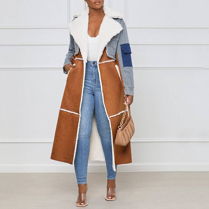 Stitching Fur \u0026 Denim Coat Long 