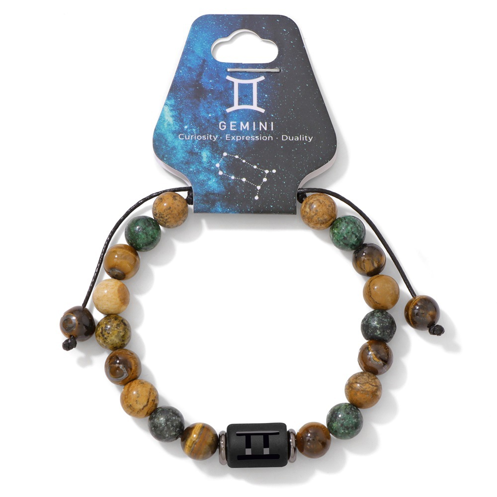 Bracelet tressé avec pendentif Gemini en pierre de tigre jaune de pin africain