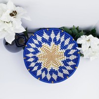 Panier mural décoratif en jonc de mer naturel tressé à la main, motif végétal, thème printemps, bleu, design traditionnel, thème anniversaire