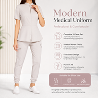 Ensemble uniforme de travail pour femme en coton antibactérien, comprenant un haut à col montant, fermeture éclair intégrale, manches courtes, style peplum et un pantalon jogger à poches, personnalisable