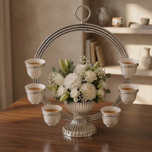 Elegante Supporto in Metallo Argentato per Tazze da Tè e Caffè con Centrotavola Floreale, Espositore Decorativo da Tavolo per Ramadan - Product Image 3