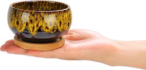 Graziosi <span class=keywords><strong>Vasi</strong></span> in Ceramica per Piante Grasse con Smalto Effetto Ghiaccio Crepato a Forma <span class=keywords><strong>di</strong></span> Tazza da Tè con Drenaggio e Sottovaso in Bambù - Product Image 2