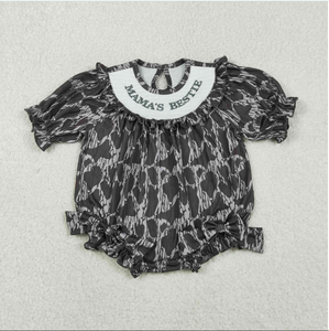 Bebek Kız Kısa Kollu Onesies LR2727 MAMA'S BESTIE Nakış Kamuflaj Baskı Bebek Kız Kabarcık Smocked Romper - Product Image 5