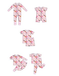 Qingli OEM Abbigliamento Casual Personalizzato per Bambine, Set 2 Pezzi in Spandex/Fibra di Bambù a Maniche Corte, Pigiami di Halloween con Stampa Pipistrello e Zucca - Product Image 1