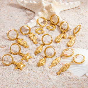 Pendientes de Clip con Forma de Animales, Chapados en Oro de 18K, Aleación de Zinc, Estilo Oceánico con Caballito de Mar, Estrella de Mar y Pez, para Mujer - Product Image 1