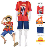 Disfraz de Cosplay de Luffy de One Piece, Kimono Rojo con Parches Azules, Conjunto de Ropa de Anime Unisex que Incluye Capa