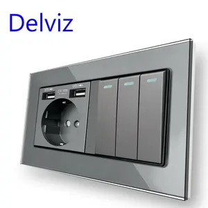 Panel de cristal Delviz, CA 110V ~ 250V, enchufe eléctrico estándar de la UE 16A, toma de corriente USB de pared, interruptor de lámpara de 3 bandas