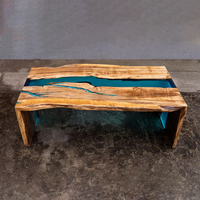 Table à manger en bois antique moderne avec table basse Blue Rive Double cascade Bord vif en résine époxy pour hôtel Meubles de maison
