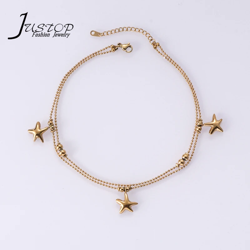 Stainless steel foot jewelry 18K gold plated two chain layer sea star anklets for women