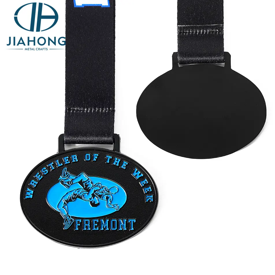 Factory Custom 3d Medals Sport Round Black Soft Enamel Figure Zinc Alloy Metal Winner Wrestling Medals with Free Ribbon