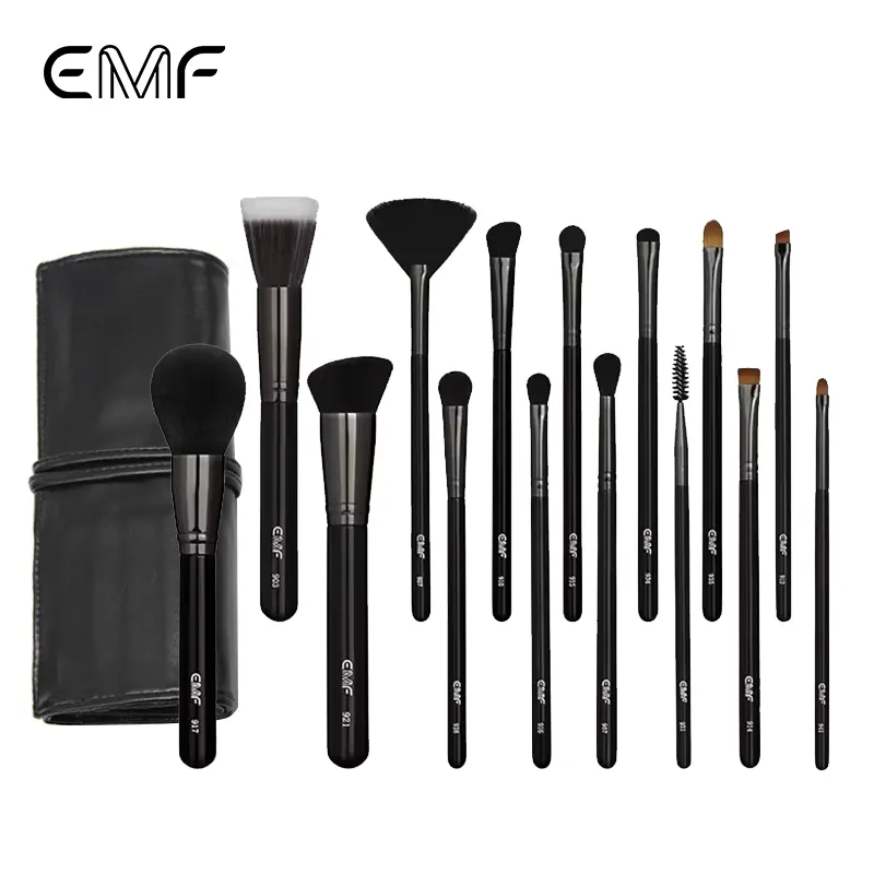EMF set kuas rias hitam profesional 18 buah label pribadi grosir kuas pencampur rias wajah laris kecantikan untuk wanita