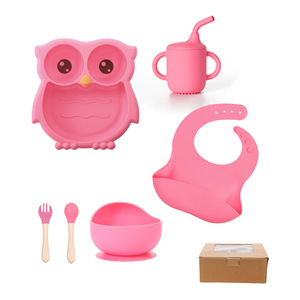BPA-Free Custom Printed Cartoon Animal Silicone Baby Feeding Set Kids Dining Tableware with Suction Bowl and Divided <strong>Owl</strong> <strong>Plate</strong> - Product Image 2