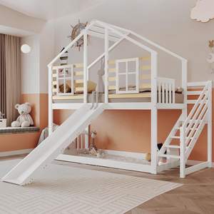 Litera <span class=keywords><strong>infantil</strong></span> con certificación EN474, cama individual de <span class=keywords><strong>madera</strong></span> maciza con escaleras y rejilla con tobogán y ventana, color blanco - Product Image 4