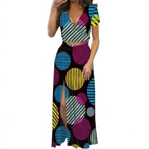 Trừu Tượng Hình Học Khối Màu Sắc Tùy Chỉnh In Của Phụ Nữ Sexy Ngắn Tay Áo Crop Top Và Đùi Cao Slit Dresses Phù Hợp Với 2 Mảnh Bộ - Product Image 5