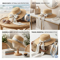 Topi Jerami Premium Bertepi Lebar dengan Pita Besar Bergaris, Model Floppy untuk Pesta, Pantai, Liburan Musim Panas, Topi Bunga Elegan