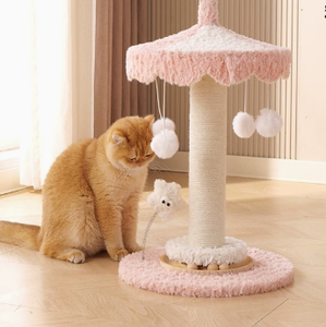 Pink Cat Tree <b>Scratching</b> <b>Post</b> Wooden Cat Tower with Hanging Pom Toys Indoor Pet Furniture - Product Image 1