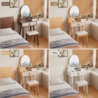 Coiffeuse moderne en bois massif avec miroir LED 3 couleurs, petite table de maquillage de 60 cm pour chambre à coucher, bureau de maquillage avec rangement et tabouret inclus