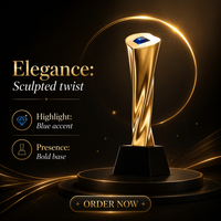 Trophée en métal doré de 250 mm avec incrustation de gemmes bleues et base en cristal noir, statuette personnalisable en forme, couleur et logo