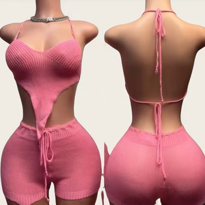 Viviblook C321ST Knit Solid Print Outfits Beach Irregular Tube Top con pantalones cortos Elegante conjunto de 2 piezas Mujer Verano - Product Image 1