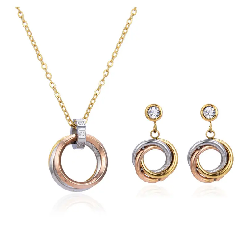 Fashion Cubic Stainless Steel Jewelry Sets For Woman With Extender Chain Round Plated