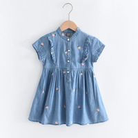 Robe en jean légère à volants floraux pour filles, vente en gros, robe en jean pour enfants