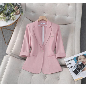 Women's Blazer <b>Jacket</b> Three Quarter Sleeve Solid Color Breathable Polyester Spring <b>Summer</b> Casual Fashion Top - Product Image 2