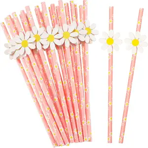 100 Pcs Daisy Giấy Ống Hút Đảng Trang Trí Dùng Một Lần Hai Groovy Hoa Hoa Màu Hồng Giấy Rơm Cho Trẻ Em Sinh Nhật Trang Trí Nội Thất