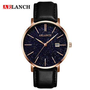 Montre Homme Tendance Unique Nuit Étoilée Aiguilles Dorées Fenêtre Date Bracelet Cuir Idéale Cadeau - Product Image 2