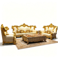 Ensemble de canapés en cuir véritable Villa, luxe, bois massif, sculpté double face, feuille d'or, style européen, en forme de U, éponge haute densité