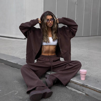 Nouvel arrivage : Ensemble 2 pièces pour femme, style urbain européen et américain, couleur unie, sweat à capuche zippé à manches longues et pantalon large à cordon de serrage