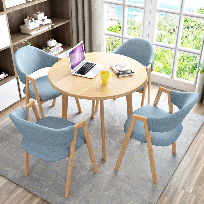 Light blue cloth 4 chairs + 80 wood color round table