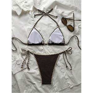 Ensemble de bikini halter personnalisé pour femme, maillot de bain deux pièces texturé à coupe haute et triangle, en Spandex et Nylon extensibles - Product Image 5