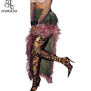 Camouflage Print Patchwork Fur Maxi Skirts Women Fashion High Waist Split Bodycon Skirt 2024