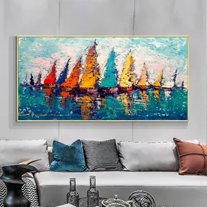 100% velero pintado a mano colorido paisaje de gran tamaño abstracto mar barco pintura al óleo