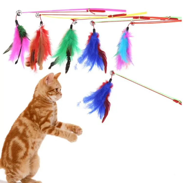 Groothandel Draadkleurige Veren Grappige Kattensticks Sturen Interactieve Kat Teaser Speelstok Speelgoed