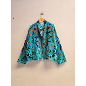 Veste en laine turquoise pour femme, style Prairie Chic, broderie florale, col mandarin, fermeture éclair, manches chauve-souris, manteau court d'automne - Product Image 3